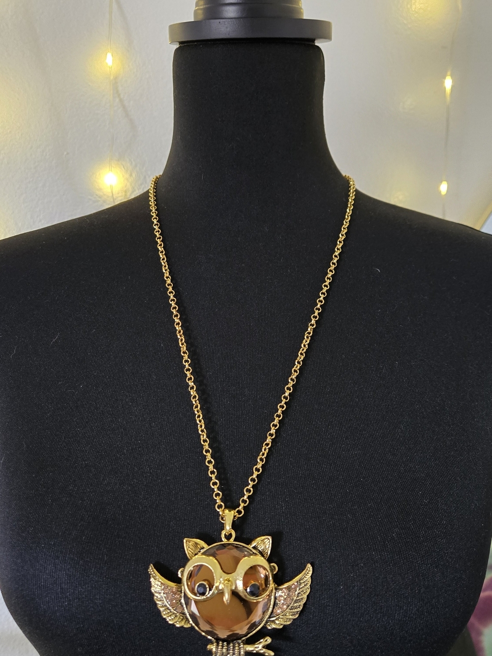 Gold Owl Pendant Necklace with Amber Accents - Women Jewelry